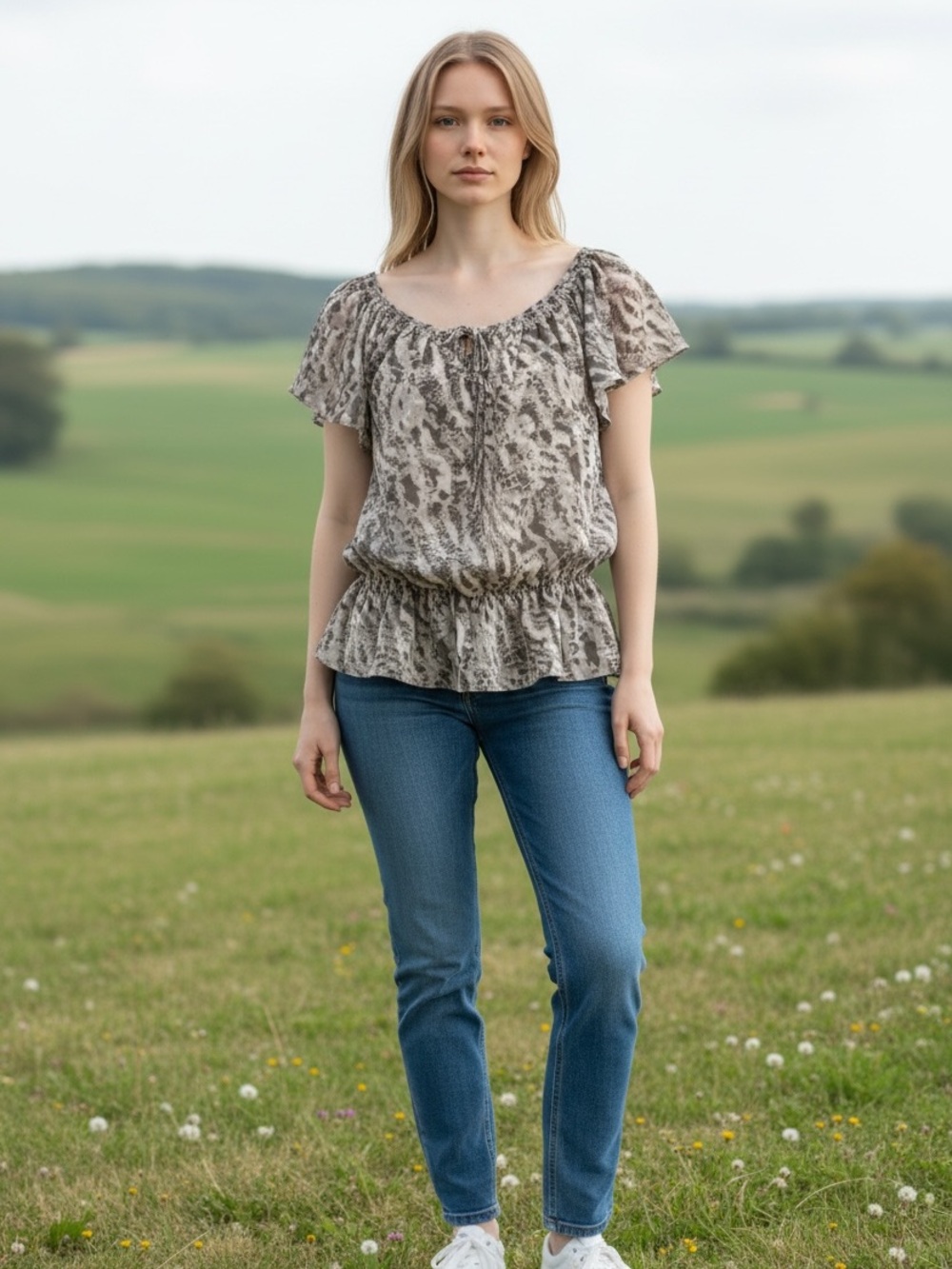 Max‎ Edition Taupe Printed Peasant Blouse